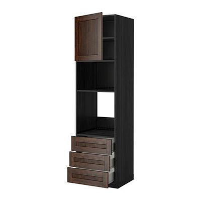 МЕТОД / ФОРВАРА Высок шкаф д/духовки/СВЧ/дверца/3ящ - 60x60x220 см, Эдсерум под дерево коричневый, под дерево черный