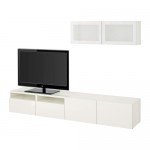 БЕСТО Шкаф для ТВ, комбин/стеклян дверцы - белый/Сельсвикен глянцевый/белый матовое стекло, направляющие ящика,нажимные