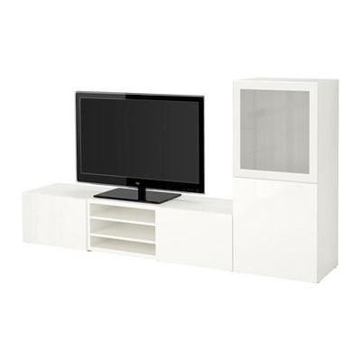 БЕСТО Шкаф для ТВ, комбин/стеклян дверцы - белый/Сельсвикен глянцевый/белый матовое стекло, направляющие ящика, плавно закр