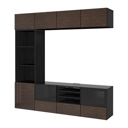 БЕСТО Шкаф для ТВ, комбин/стеклян дверцы - черно-коричневый/Сельсвикен глянцевый/коричневый прозрач стекло, направляющие ящика, плавно закр БЕСТО Шкаф для ТВ, комбин/стеклян дверцы - черно-коричневый/Сельсвикен глянцевый/коричневый прозрач стекло, направляющие ящика, плавно закр