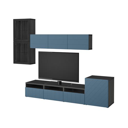 БЕСТО Шкаф для ТВ, комбин/стеклян дверцы - черно-коричневый Халлставик/темно-синий прозрачное стекло, направляющие ящика, плавно закр