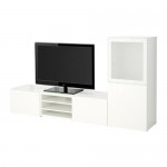 БЕСТО Шкаф для ТВ, комбин/стеклян дверцы - белый/Сельсвикен глянцевый/белый матовое стекло, направляющие ящика, плавно закр