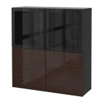 БЕСТО Комбинация д/хранения+стекл дверц - черно-коричневый/Сельсвикен глянцевый/коричневый прозрач стекло, направляющие ящика,нажимные