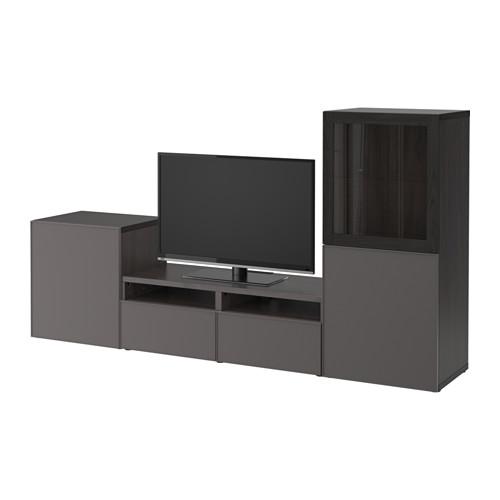 БЕСТО Шкаф для ТВ, комбин/стеклян дверцы - черно-коричневый Грундсвикен/темно-серый прозрачное стекло, направляющие ящика,нажимные