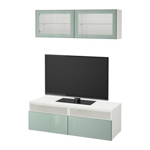 БЕСТО Шкаф для ТВ, комбин/стеклян дверцы - белый Сельсвикен/глянцевый/серо-зеленый светлый прозрачное стекло, направляющие ящика,нажимные БЕСТО Шкаф для ТВ, комбин/стеклян дверцы - белый Сельсвикен/глянцевый/серо-зеленый светлый прозрачное стекло, направляющие ящика,нажимные