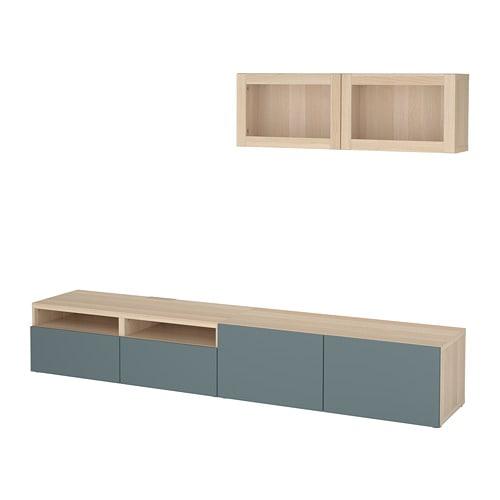 БЕСТО Шкаф для ТВ, комбин/стеклян дверцы - под беленый дуб/Вальвикен серо-бирюзовый, прозрачное стекло, направляющие ящика, плавно закр БЕСТО Шкаф для ТВ, комбин/стеклян дверцы - под беленый дуб/Вальвикен серо-бирюзовый, прозрачное стекло, направляющие ящика, плавно закр