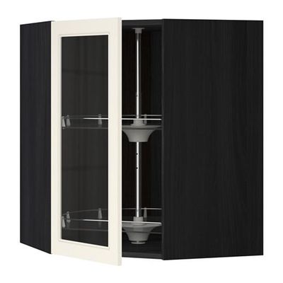 МЕТОД Углов навесн шк с врщ скц/сткл дв - 68x80 см, Хитарп белый с оттенком, под дерево черный