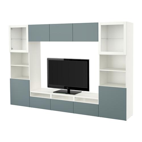 БЕСТО Шкаф для ТВ, комбин/стеклян дверцы - белый/Вальвикен серо-бирюзовый, прозрачное стекло, направляющие ящика,нажимные