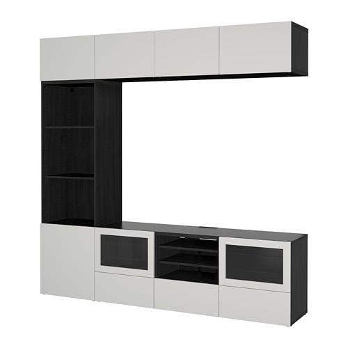 БЕСТО Шкаф для ТВ, комбин/стеклян дверцы - черно-коричневый/Лаппвикен светло-серый прозрачное стекло, направляющие ящика, плавно закр