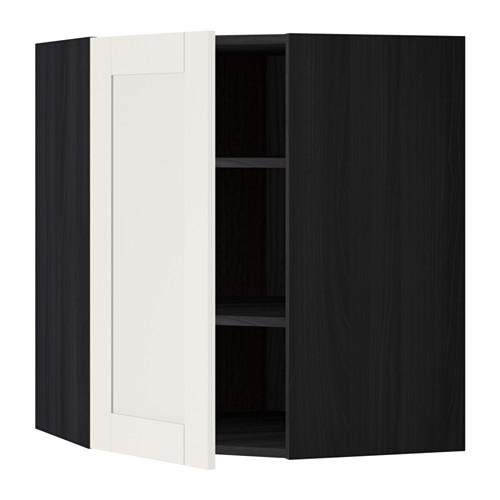 МЕТОД Угловой навесной шкаф с полками - под дерево черный, Сэведаль белый, 68x80 см