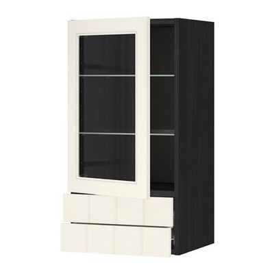 МЕТОД / ФОРВАРА Навесной шкаф/стекл дверца/2 ящика - 40x80 см, под дерево черный, Хитарп белый с оттенком