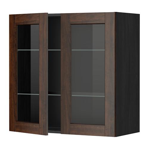 МЕТОД Навесной шкаф с полками/2 стекл дв - под дерево черный, Эдсерум под дерево коричневый, 80x80 см