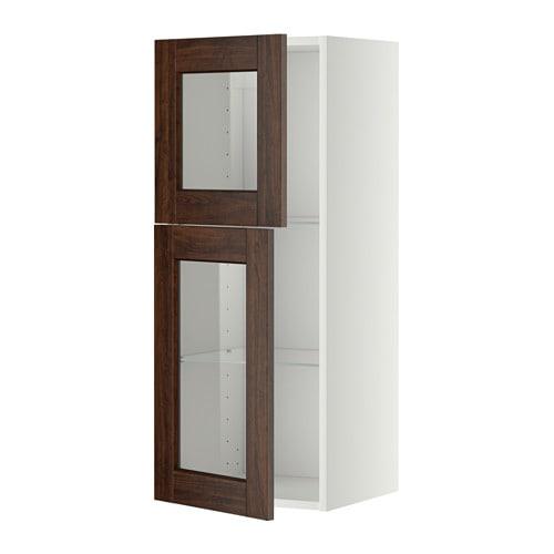 МЕТОД Навесной шкаф с полками/2 стекл дв - белый, Эдсерум под дерево коричневый МЕТОД Навесной шкаф с полками/2 стекл дв - белый, Эдсерум под дерево коричневый