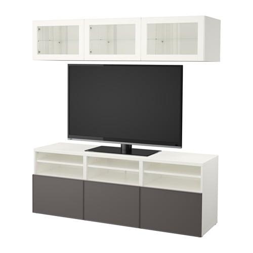 БЕСТО Шкаф для ТВ, комбин/стеклян дверцы - белый Грундсвикен/темно-серый прозрачное стекло, направляющие ящика,нажимные