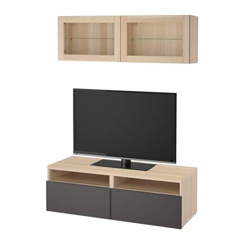 БЕСТО Шкаф для ТВ, комбин/стеклян дверцы - под беленый дуб Грундсвикен/темно-серый прозрачное стекло, направляющие ящика,нажимные БЕСТО Шкаф для ТВ, комбин/стеклян дверцы - под беленый дуб Грундсвикен/темно-серый прозрачное стекло, направляющие ящика,нажимные