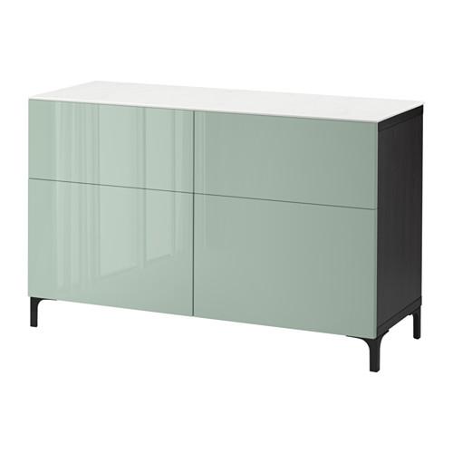 БЕСТО Комб для хран с дверц/ящ - черно-коричневый/Сельсвикен глянцевый/серо-зеленый светлый, направляющие ящика, плавно закр