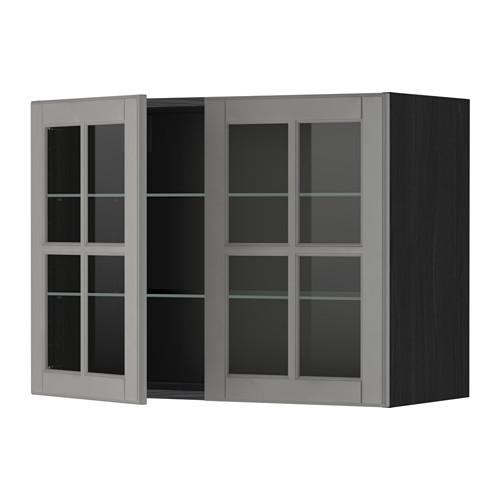 METOD навесной шкаф с полками/2 стекл дв черный/Будбин серый 80x60 см