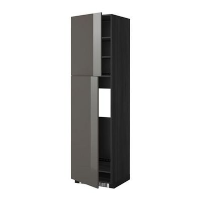МЕТОД Высокий шкаф д/холодильника/2дверцы - 60x60x220 см, Рингульт глянцевый серый, под дерево черный
