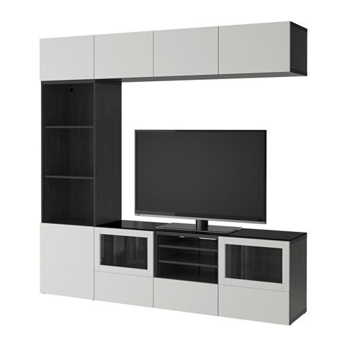 БЕСТО Шкаф для ТВ, комбин/стеклян дверцы - черно-коричневый Лаппвикен/Синдвик светло-серый прозрачное стекло, направляющие ящика,нажимные