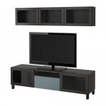 БЕСТО Шкаф для ТВ, комбин/стеклян дверцы - черно-коричневый/Вальвикен серо-бирюзовый, прозрачное стекло, направляющие ящика, плавно закр