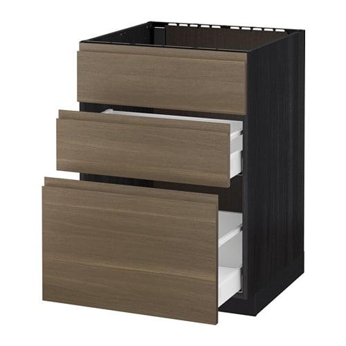 МЕТОД / МАКСИМЕРА Напольн шк п-мойку+3фрнт пнл/2ящ - под дерево черный, Воксторп под грецкий орех, 60x60 см