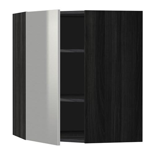 МЕТОД Угловой навесной шкаф с полками - под дерево черный, Гревста нержавеющ сталь, 68x80 см