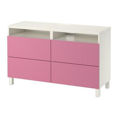 БЕСТО Тумба д/ТВ с ящиками - белый/Лаппвикен розовый, направляющие ящика, плавно закр