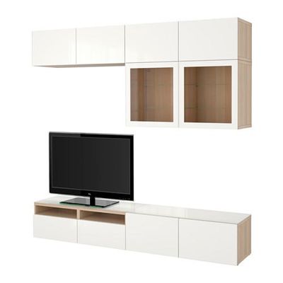 БЕСТО Шкаф для ТВ, комбин/стеклян дверцы - направляющие ящика,нажимные, под беленый дуб/Сельсвикен глянцевый/белый прозрачное стекло