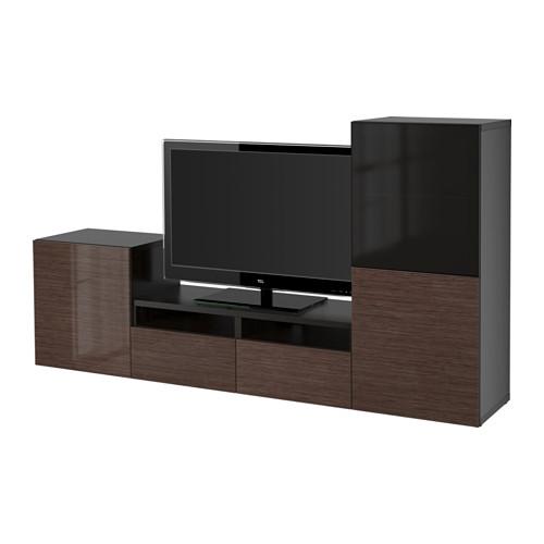 БЕСТО Шкаф для ТВ, комбин/стеклян дверцы - черно-коричневый/Сельсвикен глянцевый/коричневый дымчат стекло, направляющие ящика, плавно закр