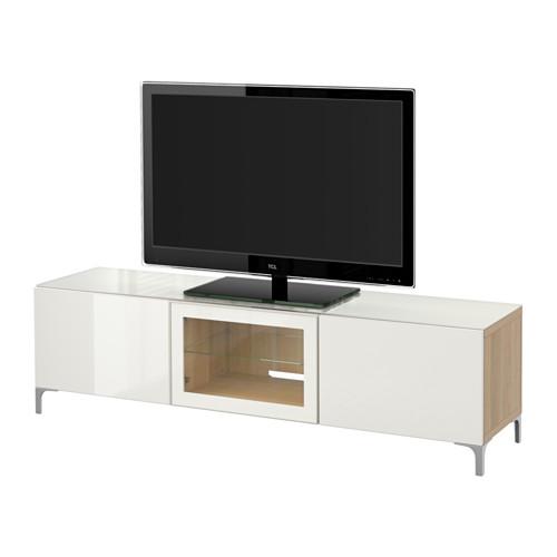 БЕСТО Тумба под ТВ, с дверцами - под беленый дуб/Сельсвикен глянцевый/белый прозрачное стекло, 180x40x48 см, направляющие ящика,нажимные
