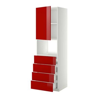МЕТОД / ФОРВАРА Высок шкаф д/духовки/дверца/4ящика - 60x60x200 см, Рингульт глянцевый красный, белый