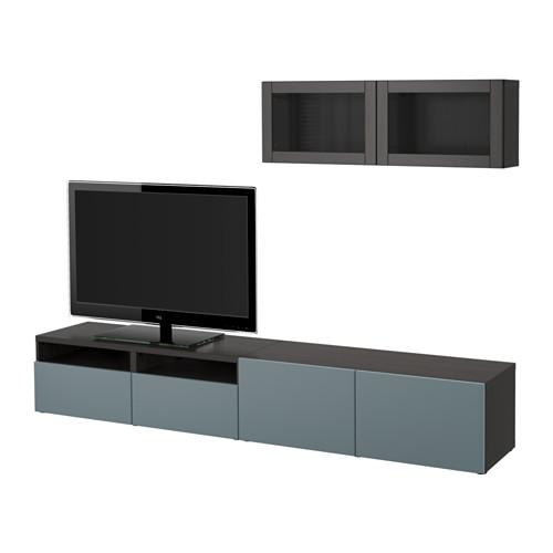 БЕСТО Шкаф для ТВ, комбин/стеклян дверцы - черно-коричневый/Вальвикен серо-бирюзовый, прозрачное стекло, направляющие ящика, плавно закр
