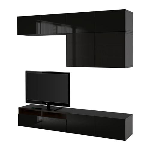 БЕСТО Шкаф для ТВ, комбин/стеклян дверцы - черно-коричневый/Сельсвикен глянцевый/черный дымчатое стекло, направляющие ящика, плавно закр БЕСТО Шкаф для ТВ, комбин/стеклян дверцы - черно-коричневый/Сельсвикен глянцевый/черный дымчатое стекло, направляющие ящика, плавно закр