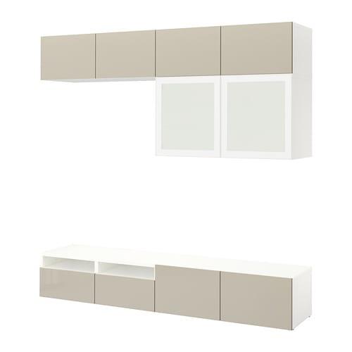 БЕСТО Шкаф для ТВ, комбин/стеклян дверцы - белый/Сельсвикен глянцевый/бежевый матовое стекло, направляющие ящика, плавно закр БЕСТО Шкаф для ТВ, комбин/стеклян дверцы - белый/Сельсвикен глянцевый/бежевый матовое стекло, направляющие ящика, плавно закр