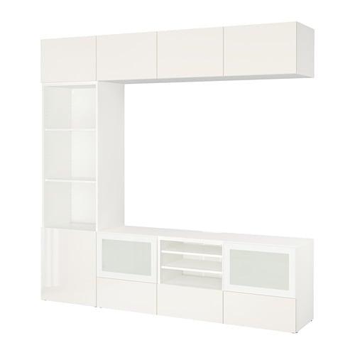 БЕСТО Шкаф для ТВ, комбин/стеклян дверцы - белый/Сельсвикен глянцевый/белый матовое стекло, направляющие ящика, плавно закр