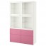 БЕСТО Комбинация д/хранения+стекл дверц - Лаппвикен розовый/Синдвик белый прозрачное стекло, направляющие ящика,нажимные