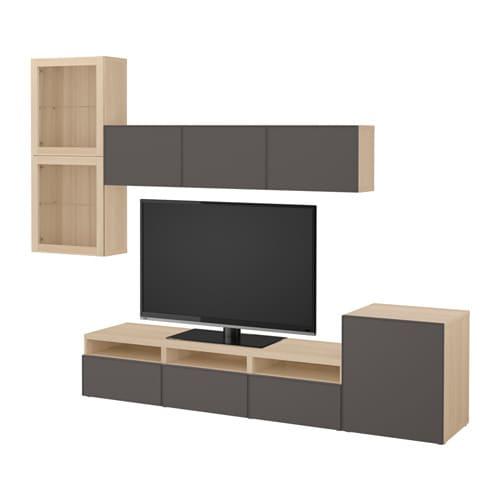 БЕСТО Шкаф для ТВ, комбин/стеклян дверцы - под беленый дуб Грундсвикен/темно-серый прозрачное стекло, направляющие ящика,нажимные БЕСТО Шкаф для ТВ, комбин/стеклян дверцы - под беленый дуб Грундсвикен/темно-серый прозрачное стекло, направляющие ящика,нажимные