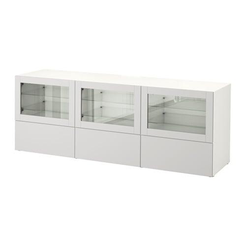 БЕСТО Тумба под ТВ, с дверцами и ящиками - белый Синдвик/Лаппвикен светло-серый прозрачное стекло, направляющие ящика,нажимные