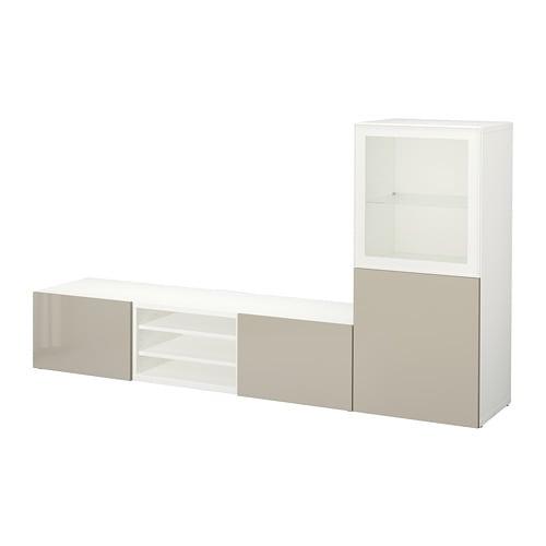 БЕСТО Шкаф для ТВ, комбин/стеклян дверцы - белый/Сельсвикен глянцевый/бежевый прозрачное стекло, направляющие ящика, плавно закр БЕСТО Шкаф для ТВ, комбин/стеклян дверцы - белый/Сельсвикен глянцевый/бежевый прозрачное стекло, направляющие ящика, плавно закр
