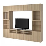 БЕСТО Шкаф для ТВ, комбин/стеклян дверцы - Лаппвикен/Синдвик под беленый дуб, прозрачное стелко, направляющие ящика, плавно закр