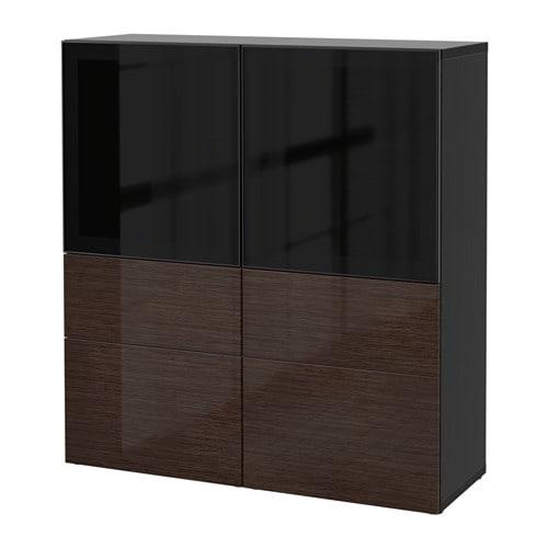 БЕСТО Комбинация д/хранения+стекл дверц - черно-коричневый/Сельсвикен глянцевый/коричневый дымчат стекло, направляющие ящика,нажимные