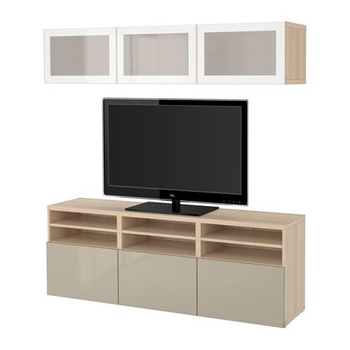 БЕСТО Шкаф для ТВ, комбин/стеклян дверцы - под беленый дуб/Сельсвикен глянцевый/бежевый матовое стекло, направляющие ящика, плавно закр БЕСТО Шкаф для ТВ, комбин/стеклян дверцы - под беленый дуб/Сельсвикен глянцевый/бежевый матовое стекло, направляющие ящика, плавно закр