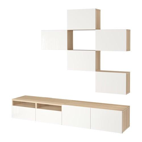 БЕСТО Шкаф для ТВ, комбинация - под беленый дуб/Сельсвикен глянцевый/белый, направляющие ящика, плавно закр БЕСТО Шкаф для ТВ, комбинация - под беленый дуб/Сельсвикен глянцевый/белый, направляющие ящика, плавно закр