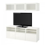 БЕСТО Шкаф для ТВ, комбин/стеклян дверцы - белый/Сельсвикен глянцевый/белый матовое стекло, направляющие ящика,нажимные