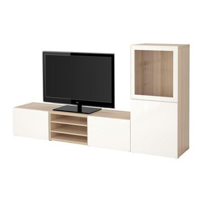 БЕСТО Шкаф для ТВ, комбин/стеклян дверцы - под беленый дуб/Сельсвикен глянцевый/белый прозрачное стекло, направляющие ящика, плавно закр