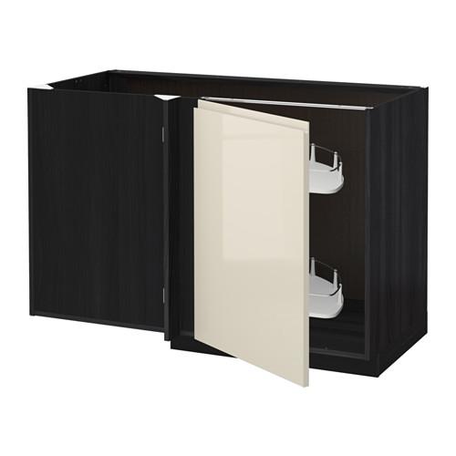 METOD угловой напол шкаф с выдвижн секц черный/Воксторп глянцевый светло-бежевый 127.5x67.5x88 cm