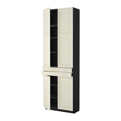 МЕТОД / МАКСИМЕРА Высокий шкаф+полки/2 ящика/4 дверцы - под дерево черный, Будбин белый с оттенком МЕТОД / МАКСИМЕРА Высокий шкаф+полки/2 ящика/4 дверцы - под дерево черный, Будбин белый с оттенком