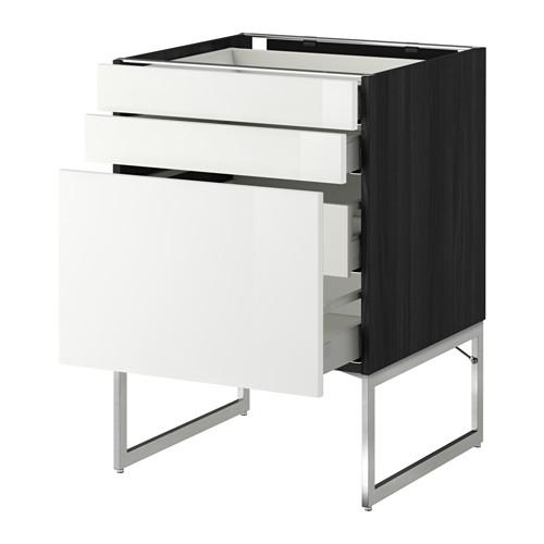 МЕТОД / МАКСИМЕРА Напольн шкаф 3фронт пнл/2низ/2ср ящ - под дерево черный, Рингульт глянцевый белый, 60x60x60 см
