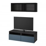 БЕСТО Шкаф для ТВ, комбин/стеклян дверцы - черно-коричневый Вальвикен/темно-синий прозрачное стекло, направляющие ящика,нажимные БЕСТО Шкаф для ТВ, комбин/стеклян дверцы - черно-коричневый Вальвикен/темно-синий прозрачное стекло, направляющие ящика,нажимные