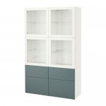 БЕСТО Комбинация д/хранения+стекл дверц - белый/Вальвикен серо-бирюзовый, прозрачное стекло, направляющие ящика,нажимные БЕСТО Комбинация д/хранения+стекл дверц - белый/Вальвикен серо-бирюзовый, прозрачное стекло, направляющие ящика,нажимные